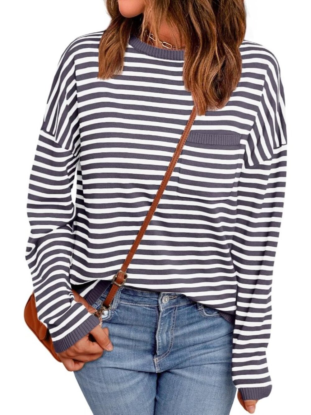 Women Mauve Striped Ribbed Cuff Oversized Crew Neck Long Sleeve Pullover Sweater